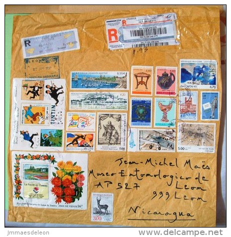 France 2013 Front Cover To Nicaragua - 2 Souvenir Sheets - Comics Tintin - Flowers - Paintings Plane Cinema Art Harbo... - Covers & Documents