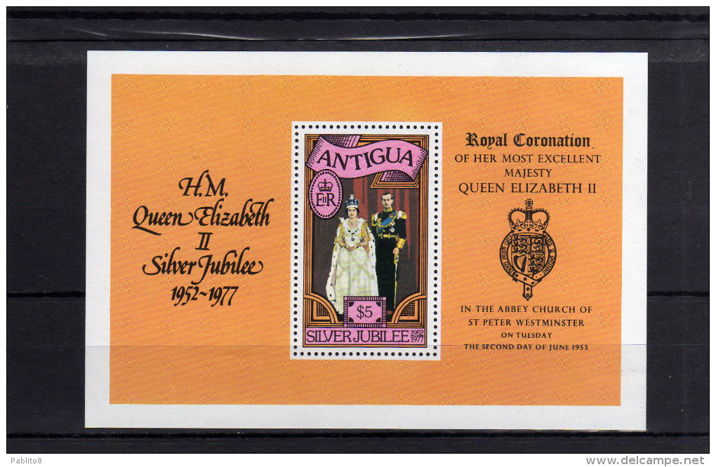 ANTIGUA 1977 QUEEN ELIZABETH SILVER JUBILEE CORONATION ROYAL VISIT SHEET GIUBILEO VISITA REGINA ELISABETTA FOGLIETTO MNH - 1960-1981 Autonomía Interna