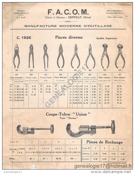 94 445 GENTILLY SEINE 1926  Construction Outillage Mecanique FACOM F.A.C.O.M Succ LEGAT OLIVIER ( Usine à BOURTH EURE 27 - Pubblicitari