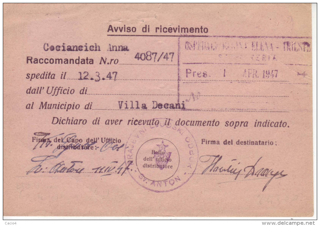 1947 12.3  Avv. Di Ric. Con Dem Soprast. 4 L (16) Da Trieste Per Villa Decani + Ann. "Sv. Anton" - Marcophilie