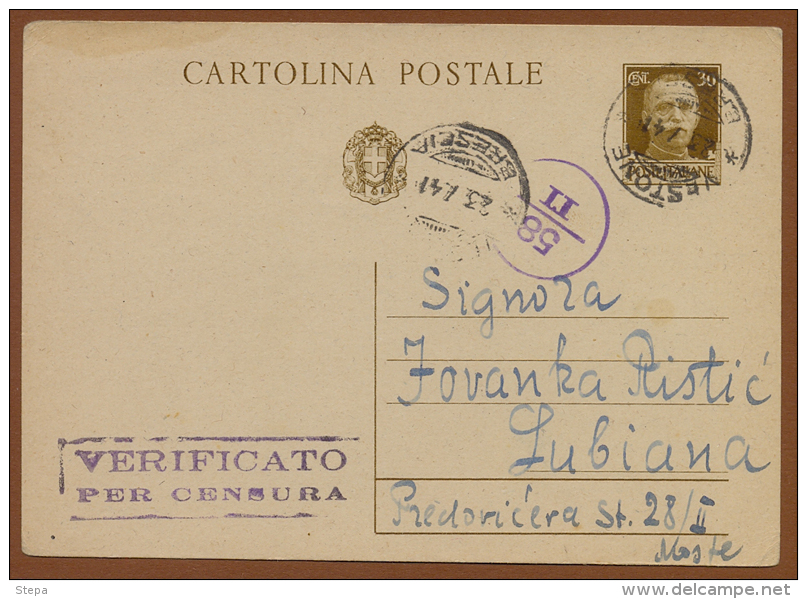 WW II SLOVENIA-ITALY, Vitore Emanuel 30 Cent CENSORED POSTCARD VESTONE/BRESCIA-LUBLIANA 1941 - Lubiana