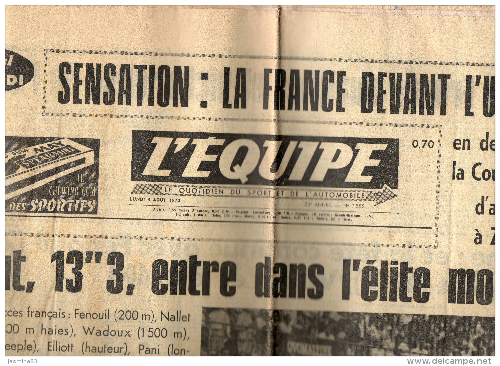L'Equipe Du Lundi 3 Aout 1970 - Desde 1950