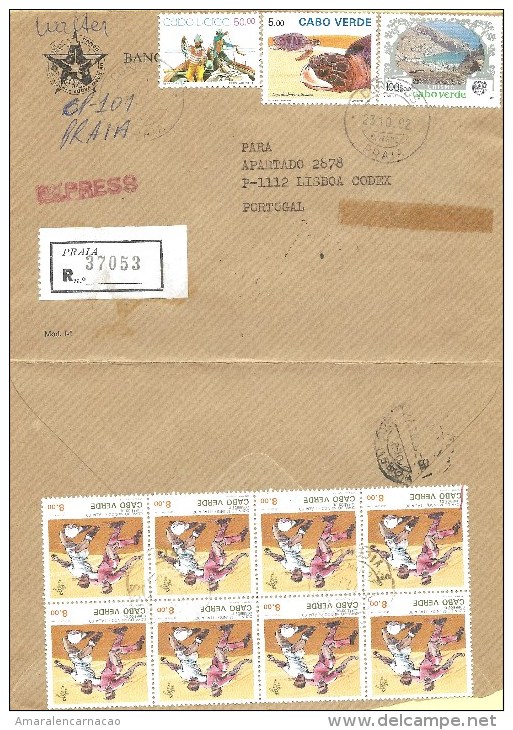 TIMBRES - STAMPS - LETTRE RECOMMANDÉE - EXPRESS - CAP VERT / CAPE VERDE POUR PORTUGAL -TIMBRES DIVERS -SPORT -ITÁLIA 90 - Kap Verde