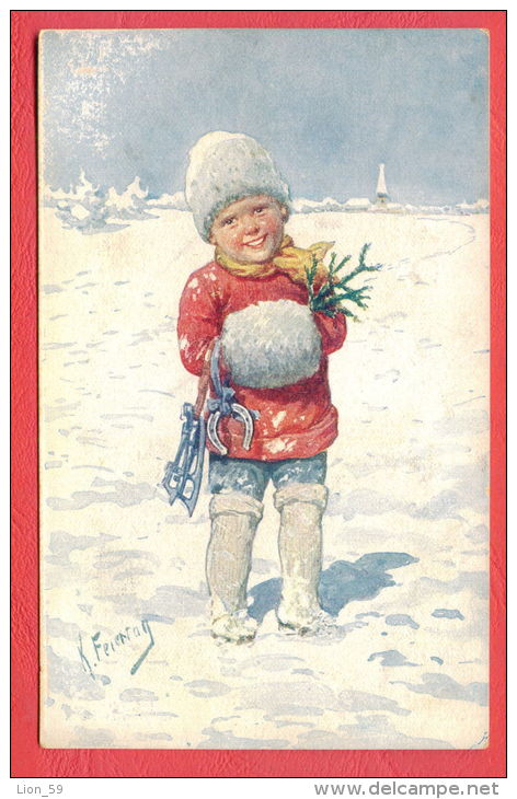 141323 / B.K.W.I. 3173-3 / Austrian  Art KARL FEIERTAG -  WINTER LITTLE BOY Horseshoe SKATES TREE - Feiertag, Karl