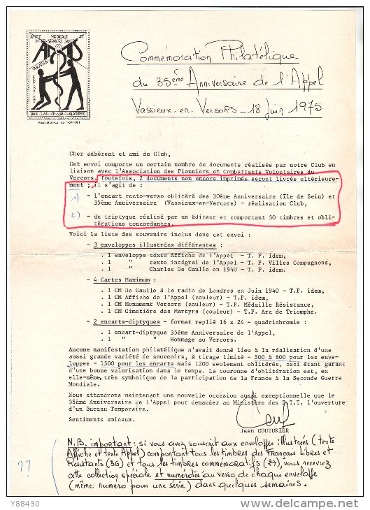 Lettre & Enveloppe Du 35è Anniversaire De L´appel Du Général  DE GAULLE - VASSIEUX EN VERCORS.26. Le 18 Juin 1975 - Guerre De 1939-45