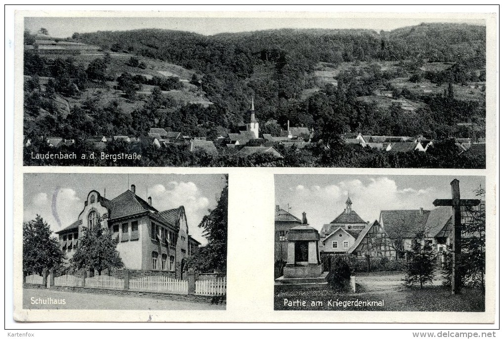 Laudenbach, Bergstrasse, MBK(3), Kriegerdenkmal,Schule, Bahnpost 14.5.1935, Rhein-Neckar-Kreis - Weinheim