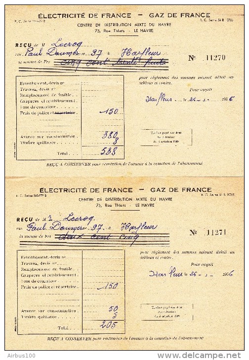 2 Factures Électricité De France Gaz De France - 1956 - - Otros & Sin Clasificación