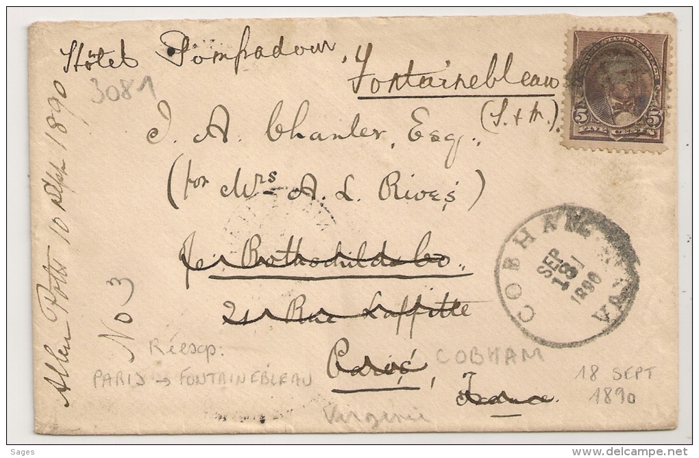 COBHAM VA (Virginie) 1890 Sur Enveloppe Pour PARIS Puis FONTAINEBLEAU. PEU COMMUN - Lettres & Documents