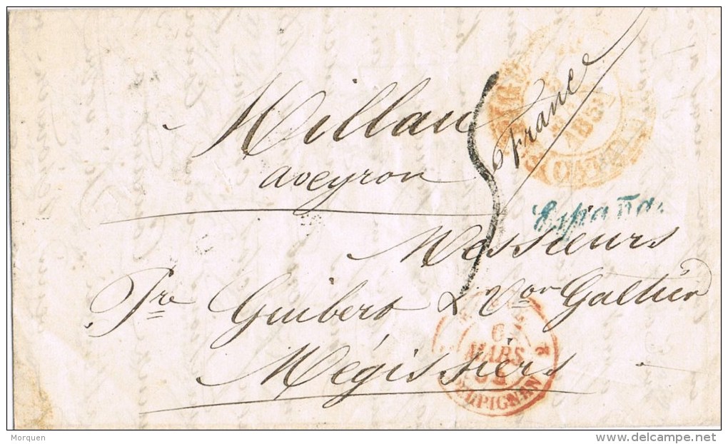 7195. Carta Entera Pre Filatelica PERPIGNAN (Francia) 1854, Fechador FIGUERAS (Gerona) - ...-1850 Préphilatélie