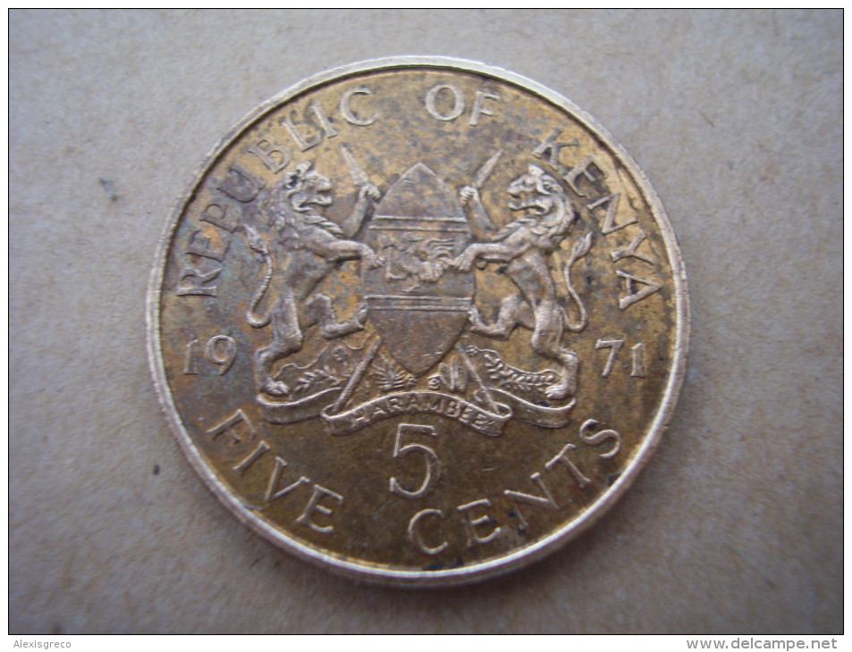 KENYA 1971 FIVE CENTS   KENYATTA Nickel-Brass  USED COIN In FAIR CONDITION. - Kenia