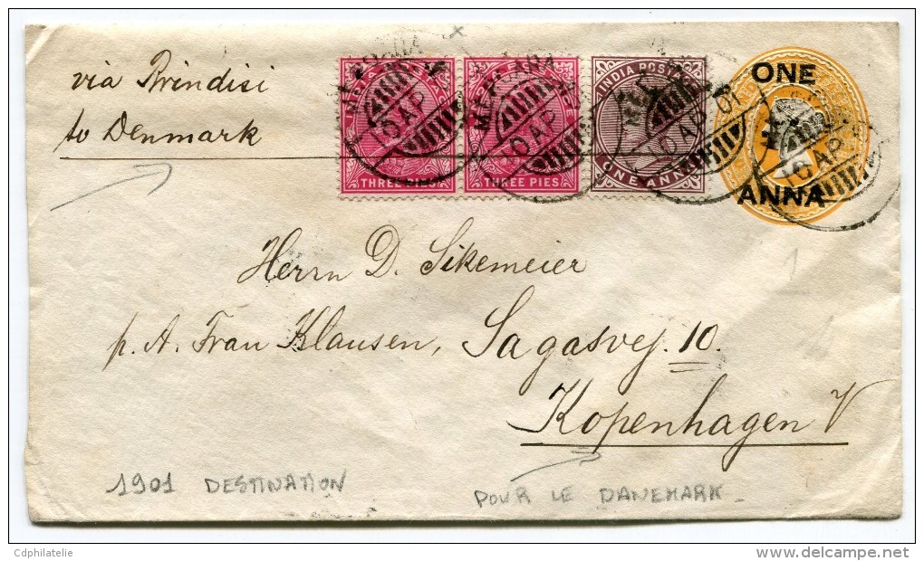 INDES ANGLAISES ENTIER POSTAL DEPART MERCARA 10 AP 01 VIA BRINDISI POUR LE DANEMARK - 1882-1901 Impero