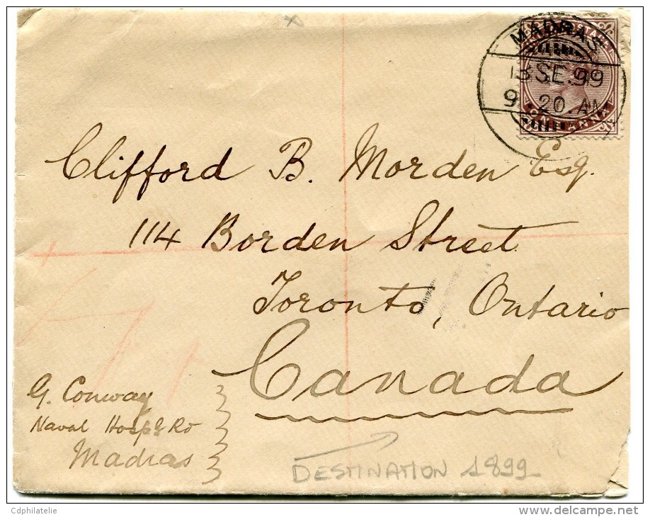 INDES ANGLAISES LETTRE DEPART MADRAS 13 SE. 99 POUR LE CANADA - 1882-1901 Impero