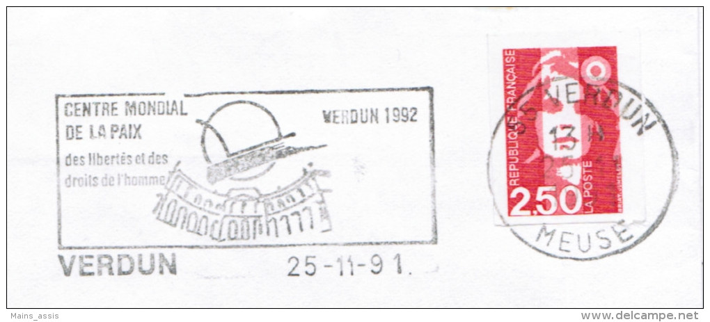 Flamme Illustrée 1991, Verdun, Centre Mondial De La Paix, Liberté Droits De L'homme - Guerre Mondiale (Première)