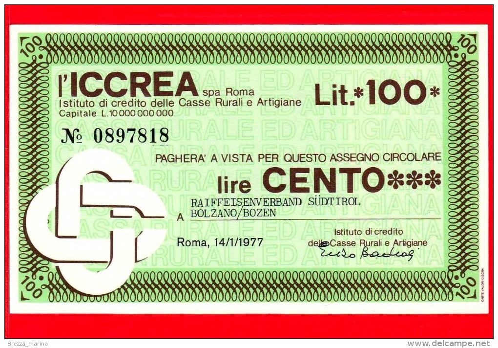 MINIASSEGNI - ISTITUTO DI CREDITO DELLE CASSE RURALI ARTIGIANE  (ICCREA)  - FdS - ICCREA0059 - [10] Cheques Y Mini-cheques