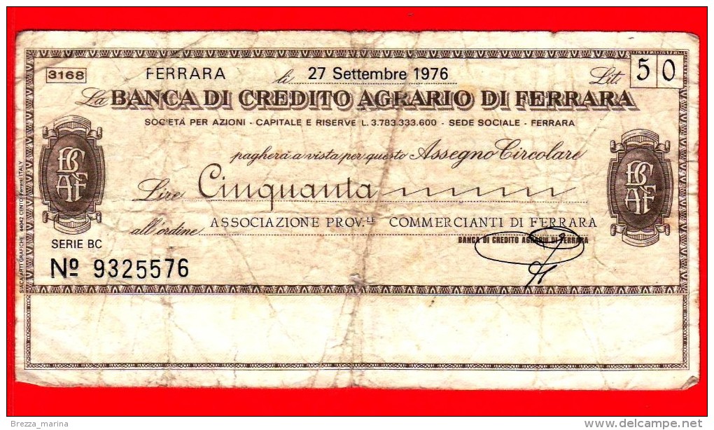 MINIASSEGNI - BANCA DEL CREDITO AGRARIO DI FERRARA - Usato - BCAF.007 - [10] Cheques Y Mini-cheques