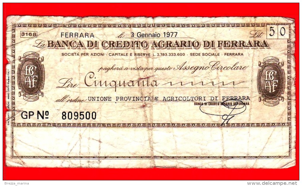 MINIASSEGNI - BANCA DEL CREDITO AGRARIO DI FERRARA - Usato - BCAF.008 - [10] Checks And Mini-checks