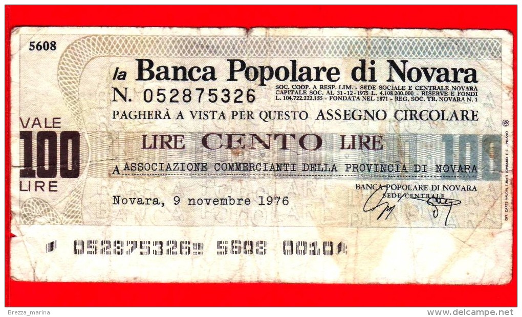 MINIASSEGNI - BANCA POPOLARE DI NOVARA - Usato - BPNO.004 - [10] Scheck Und Mini-Scheck