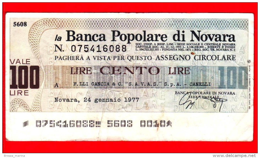 MINIASSEGNI - BANCA POPOLARE DI NOVARA - Usato - BPNO.031 - [10] Checks And Mini-checks
