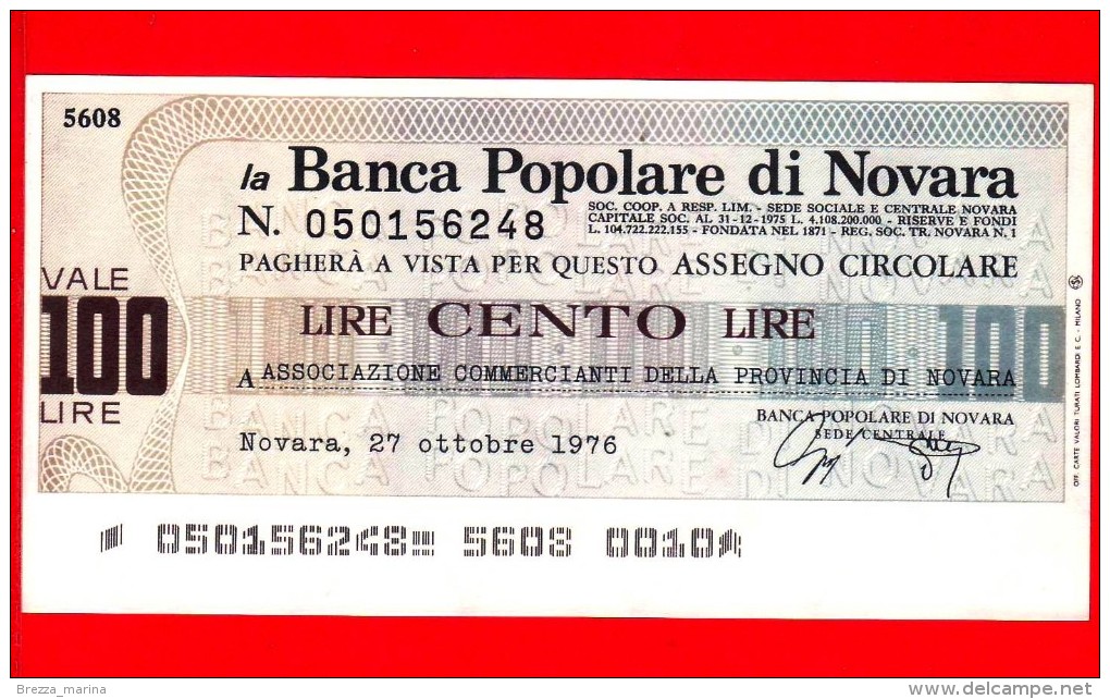 MINIASSEGNI - BANCA POPOLARE DI NOVARA - FdS - BPNO.001 - [10] Checks And Mini-checks
