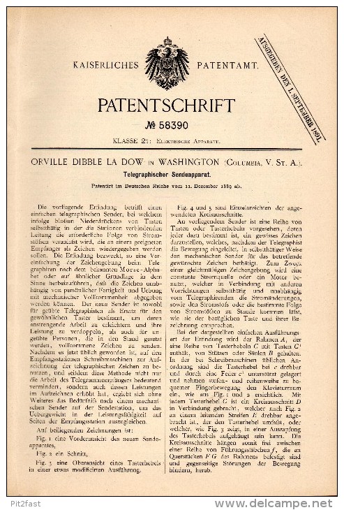 Original Patentschrift - Dibble La Dow In Washington , 1889 , Transmission Apparatus For Telegraphy , Telegraphie !!! - Historische Dokumente