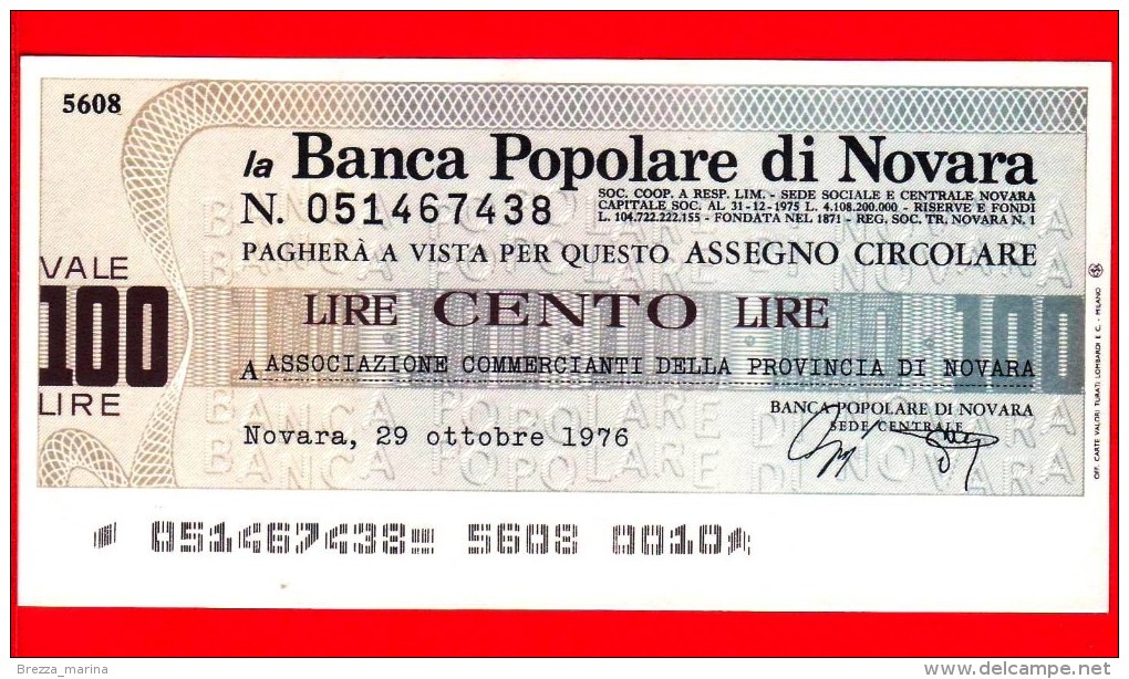 MINIASSEGNI - BANCA POPOLARE DI NOVARA - FdS - BPNO.002 - [10] Assegni E Miniassegni