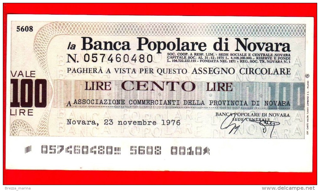 MINIASSEGNI - BANCA POPOLARE DI NOVARA - FdS - BPNO.009 - [10] Assegni E Miniassegni