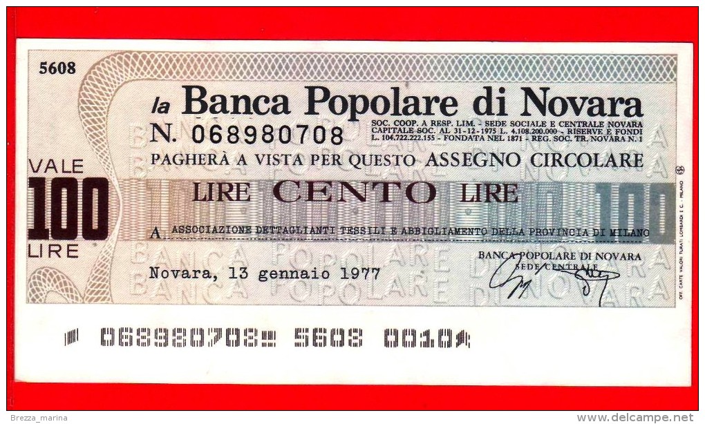 MINIASSEGNI - BANCA POPOLARE DI NOVARA - FdS - BPNO.014 - [10] Chèques