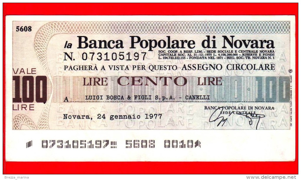 MINIASSEGNI - BANCA POPOLARE DI NOVARA - FdS - BPNO.032 - [10] Assegni E Miniassegni