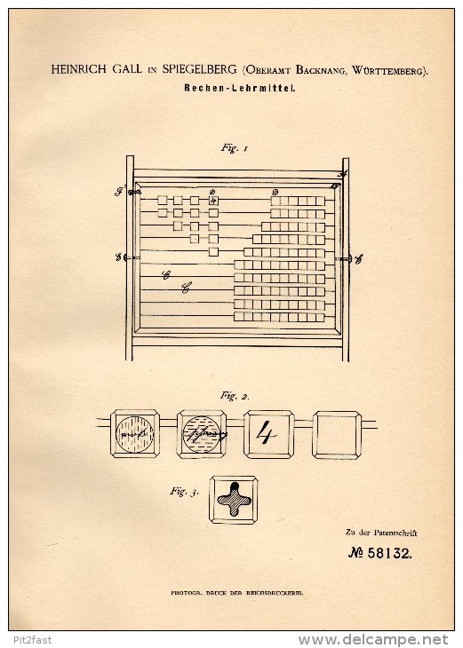 Original Patentschrift - H. Gall In Spiegelberg B. Backnang , 1891 , Rechen - Lehrmittel , Schule , Mathematik , Rechner - Historische Dokumente