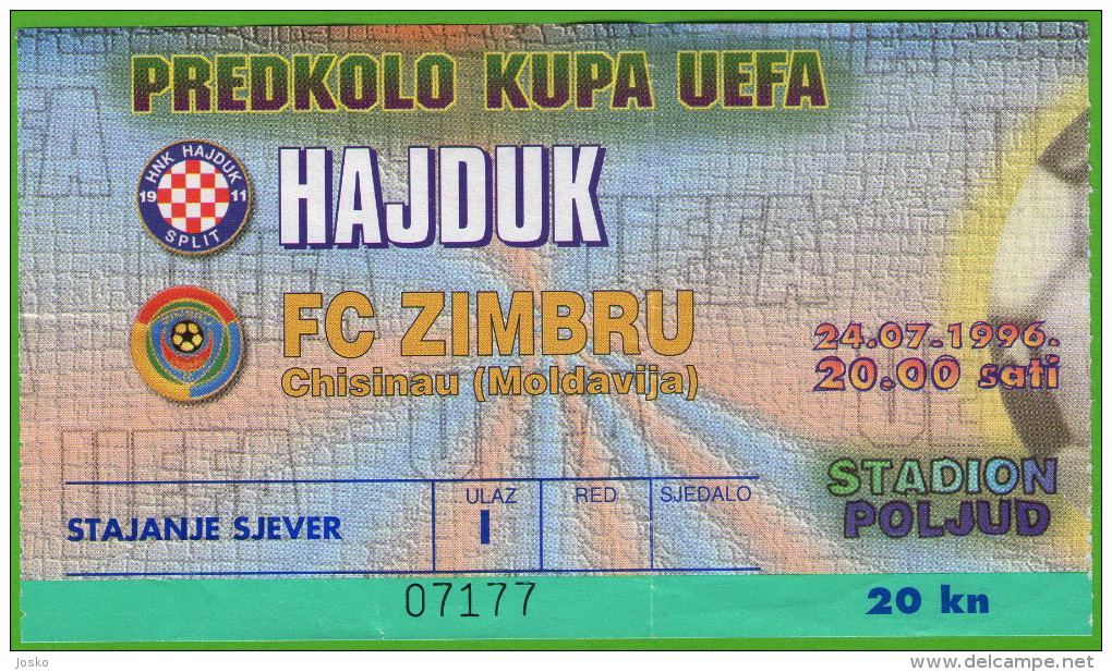 HNK HAJDUK - FC ZIMBRU Chisinau Moldavia * 1996. UEFA CUP * Football Ticket Foot Billet Soccer Fussball Calcio - Match Tickets