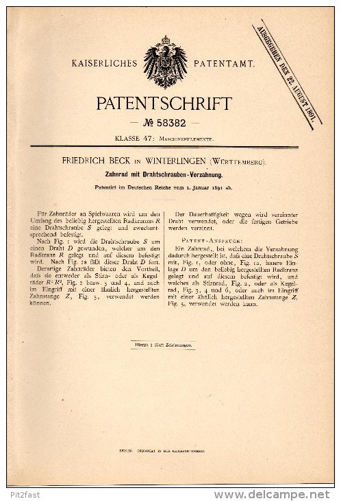 Original Patentschrift - Friedrich Beck In Winterlingen , Württemberg , 1891 , Zahnrad Für Spielzeug , Radkranz !!! - Historische Dokumente