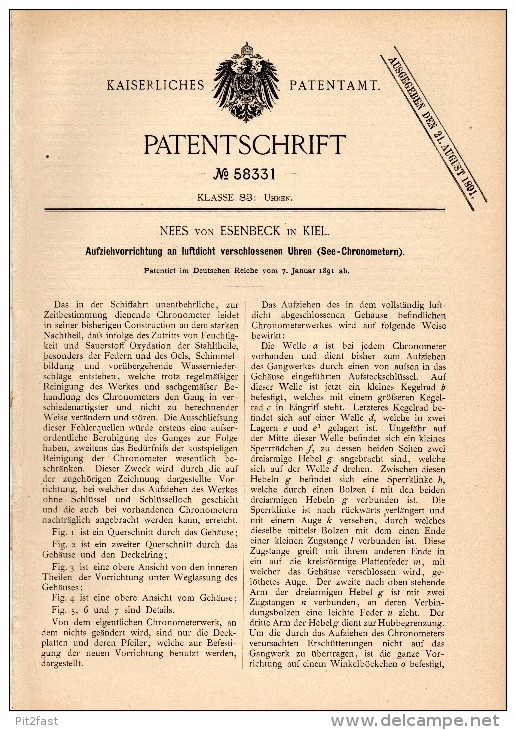 Original Patentschrift - Nees Von Esenbeck In Kiel , 1891 , See - Chronometer , Aufziehvorrichtung , Uhr !!! - Technics & Instruments