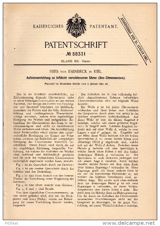 Original Patentschrift - Nees Von Esenbeck In Kiel , 1891 , See - Chronometer , Aufziehvorrichtung , Uhr !!! - Technique Nautique & Instruments