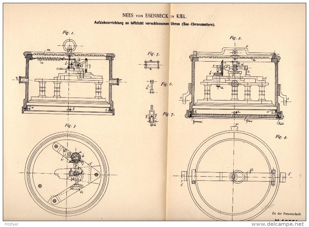 Original Patentschrift - Nees Von Esenbeck In Kiel , 1891 , See - Chronometer , Aufziehvorrichtung , Uhr !!! - Technik & Instrumente