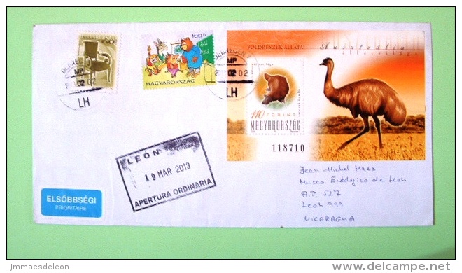 Hungary 2013 Cover To Nicaragua - Bird Emeu Zoo Ornitorhynchus Comics Bear Donkey Pig Chair - Duck Label On Back - Cartas & Documentos