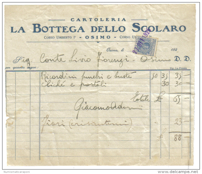 CARTOLERIA LA BOTTEGA DELLO SCOLARO OSIMO FATTURA AL CONTE DINO FIORENZO FIORENZI  1925 MARCA DA BOLLO 10 CENT C.1498 - Italia