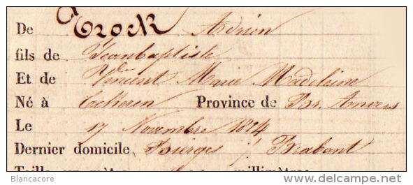 Armée Belge 1839 Livret Militaire De Trock Adrien De Bierges 9e Régiment D' Infanterie De Ligne RARE - Documents