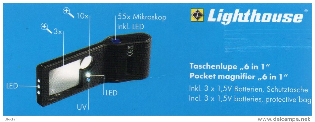 Mikroskop 55x Lupe 10x UV-Licht Kompakt Neu 10€ Zum Prüfen Briefmarken Münzen Paper Money LEUCHTTURM Offer In Black Bags - Lithografieën