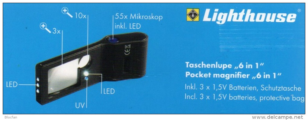 Mikroskop 55x Lupe 10x UV-Licht Kompakt Neu 10€ Zum Prüfen Briefmarken Münzen Paper Money LEUCHTTURM Offer In Black Bags - Lithographies