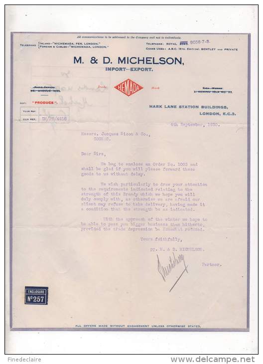 M &amp;D. Michelson, Import Export, Mark Lane Station Buildings, London - 1930 - Royaume-Uni