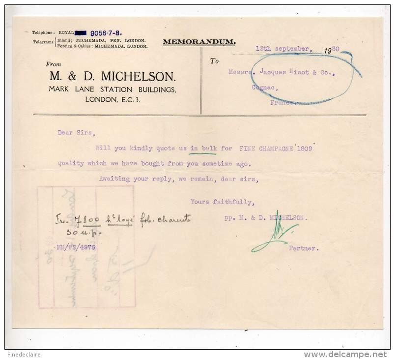 Memorandum - M &amp;D. Michelson, Mark Lane Station Buildings, London - 1930 - Royaume-Uni