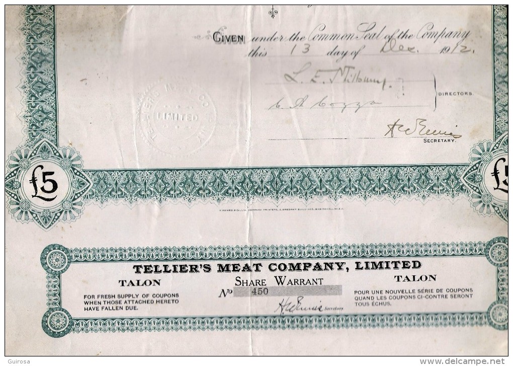Tellier's Meat Company, 1912  Action - Autres & Non Classés