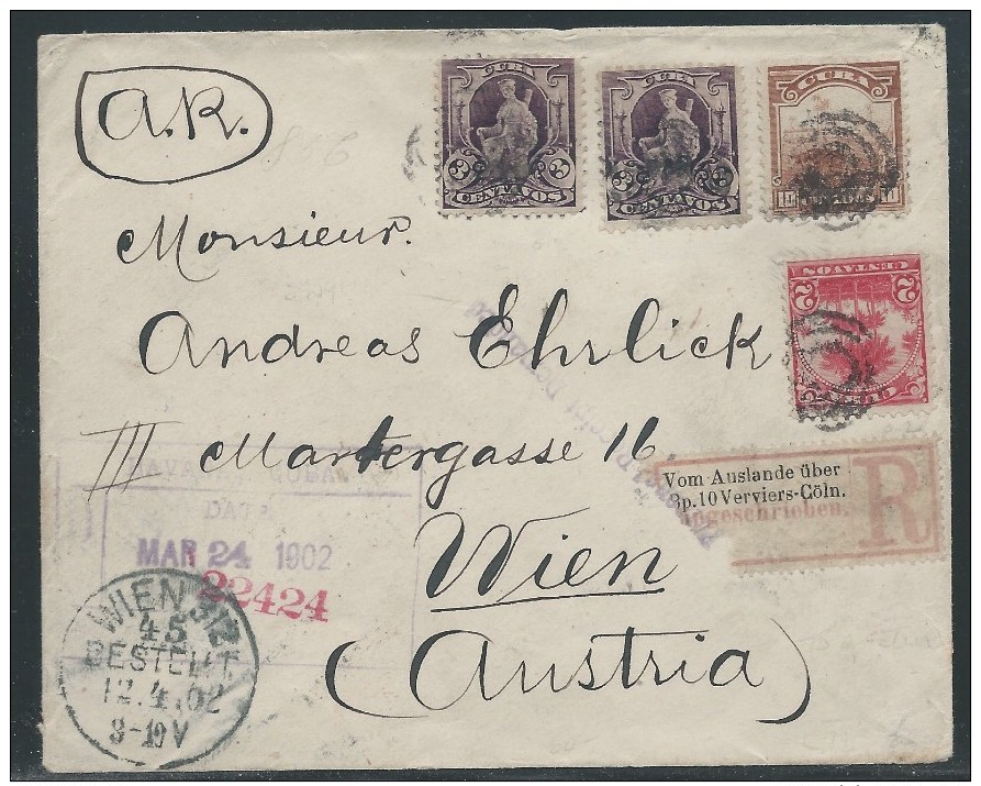 Cuba, U.S. Administration, Scott #228, 229 (2 Copies), 231, On Registered Cover Sent To Austria, Rare A.R. Marking - Gebruikt