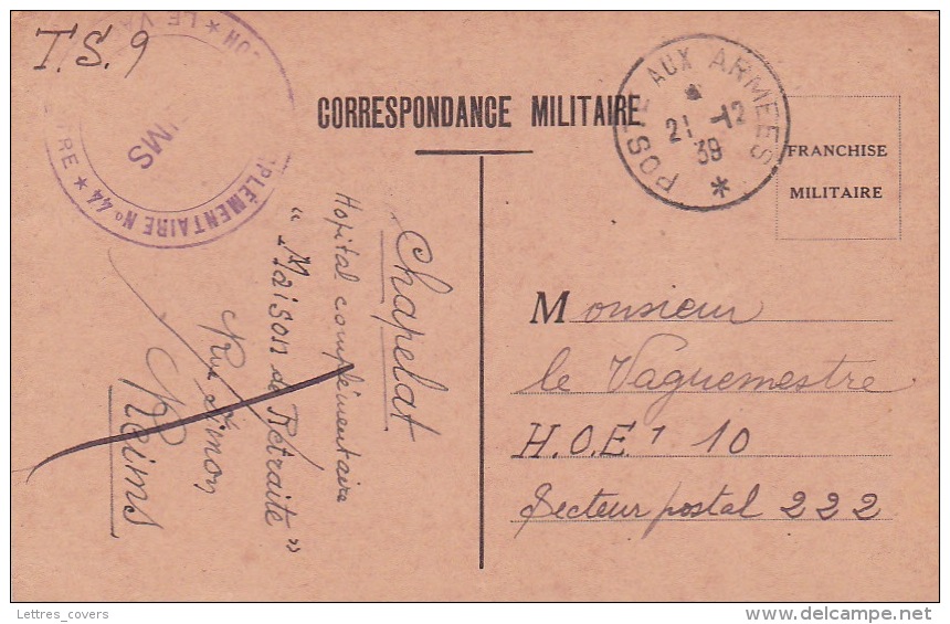 1939 CPFM Des Débuts - Cachet " HOPITAL COMPLEMENTAIRE N°44 - REIMS " MARNE + POSTES AUX ARMÉES > HOE 10 SP 222 - Lettres & Documents