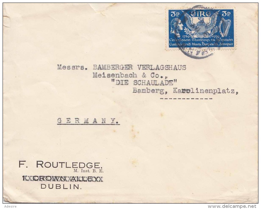 IRLAND 1939, 3 P Frankierung Auf Firmenbrief, Gel.v.Dublin N.Bamberg - Briefe U. Dokumente