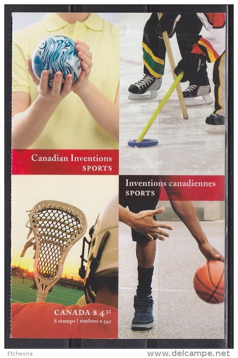 = Inventions Canadiennes De Sports: Cinq-quilles Ringuette Basket-Ball Et La Crosse 1/2 Carnet Autocollant Neuf 4 Timbr - Booklets Pages