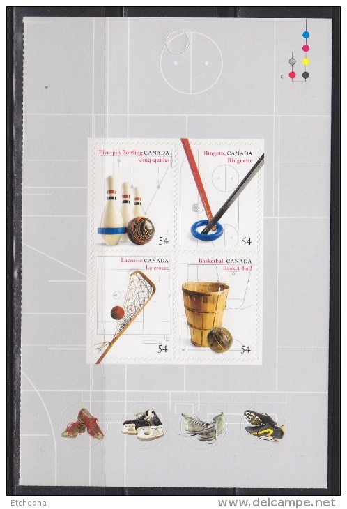 = Inventions Canadiennes De Sports: Cinq-quilles Ringuette Basket-Ball Et La Crosse. 1/2 Carnet Autocollant Neuf 4 Timbr - Pages De Carnets