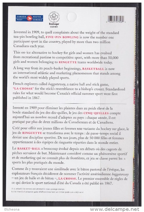 = Inventions Canadiennes De Sports: Cinq-quilles Ringuette Basket-Ball Et La Crosse. 1/2 Carnet Autocollant Neuf 4 Timbr - Pages De Carnets