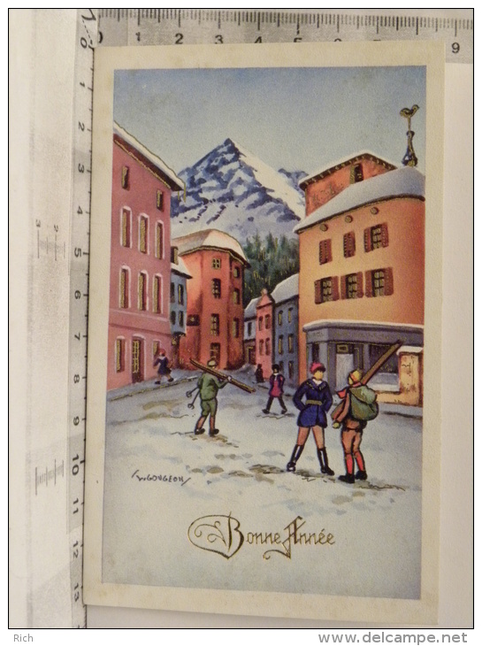 Carte Double - Illustrateur GOUGEON - Bonne Année -  Station De Sport D'hiver Skieurs - Gougeon