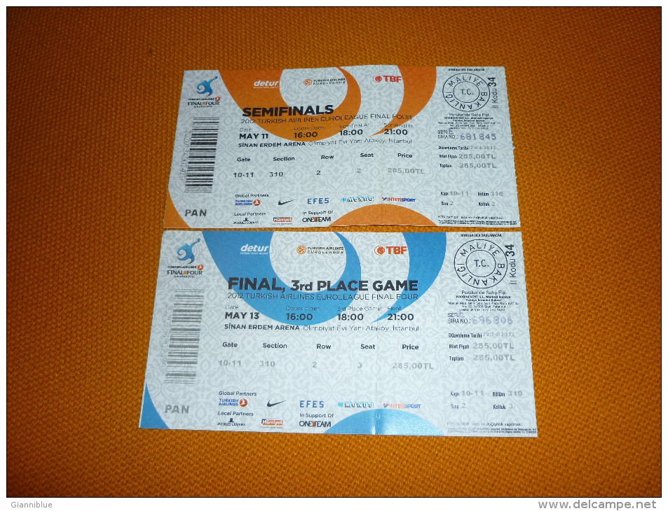 Basketball Euroleague Final Four Istanbul 2012 Match Ticket Tickets Panathinaikos Olympiakos Barcelona CSKA Moscow - Eintrittskarten